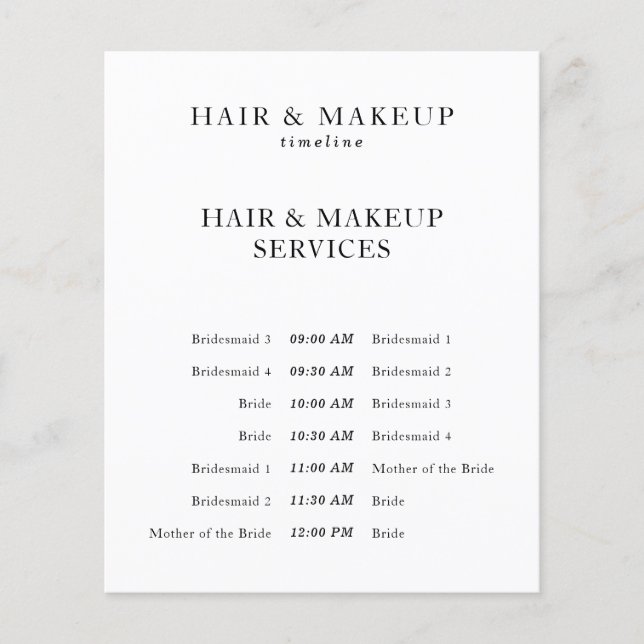 Svartvit budget Bröllop Hair Makeup-tidslinje Flygblad (Framsidan)