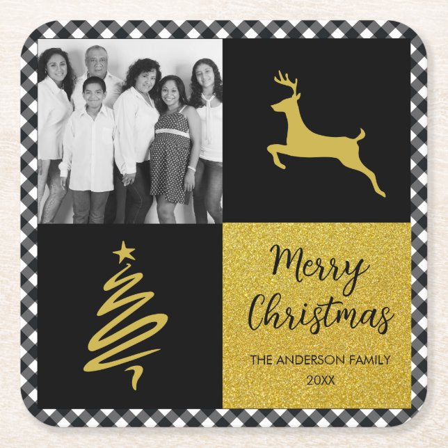 Svartvit Buffalo Play Guld Helgdag Photo Underlägg Papper Kvadrat (Framsidan)