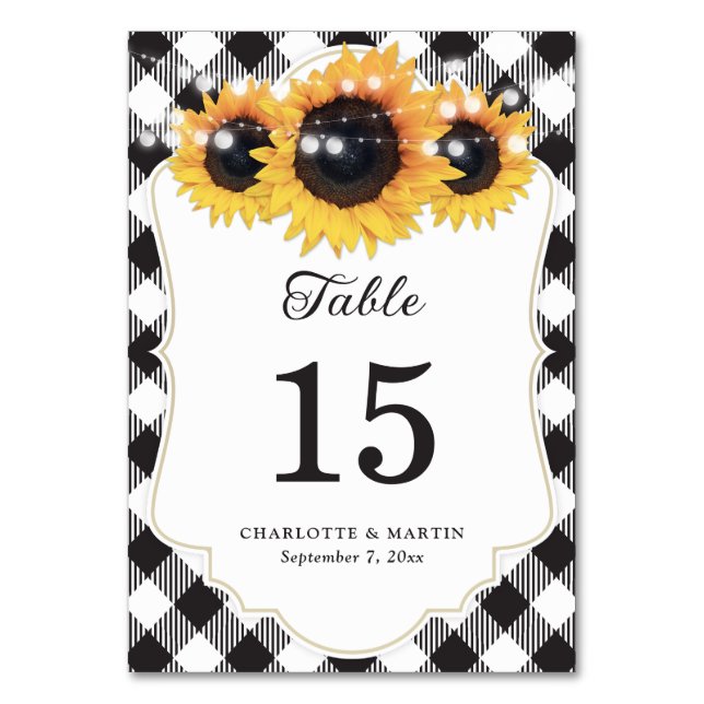 Svartvit buffalo Play Solros Bröllop Bordsnummer (Framsidan)