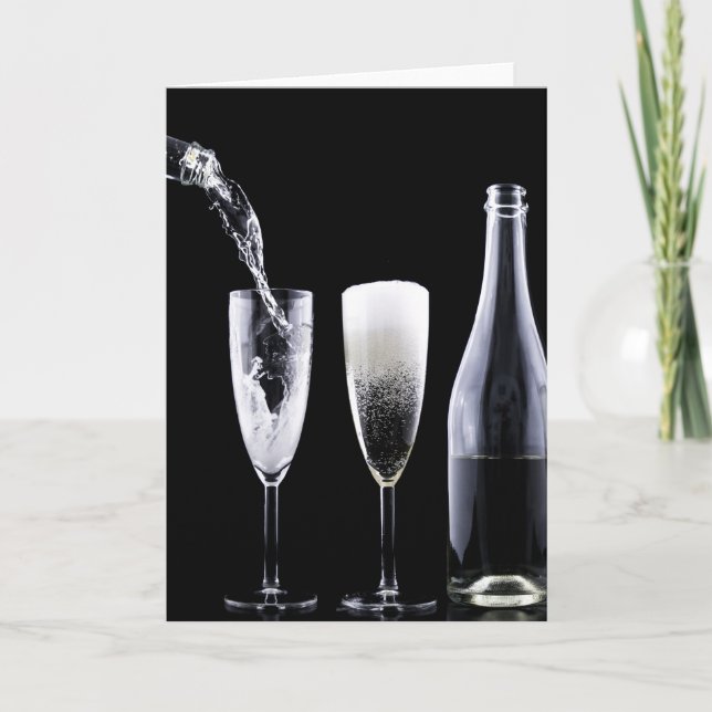 Svartvit champagne Flaska Flute Glass Festive Helgkort (Framsida)