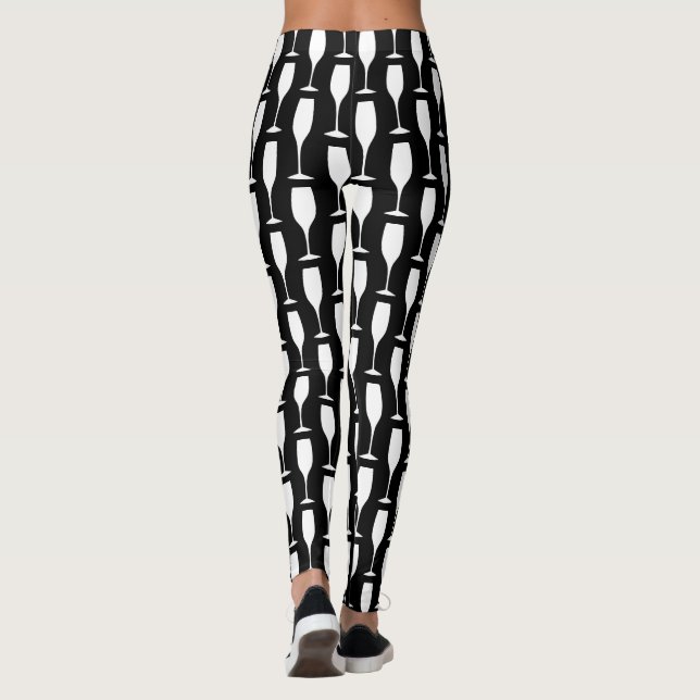 Svartvit champagneflöjt vin glas mönster leggings (Baksida)