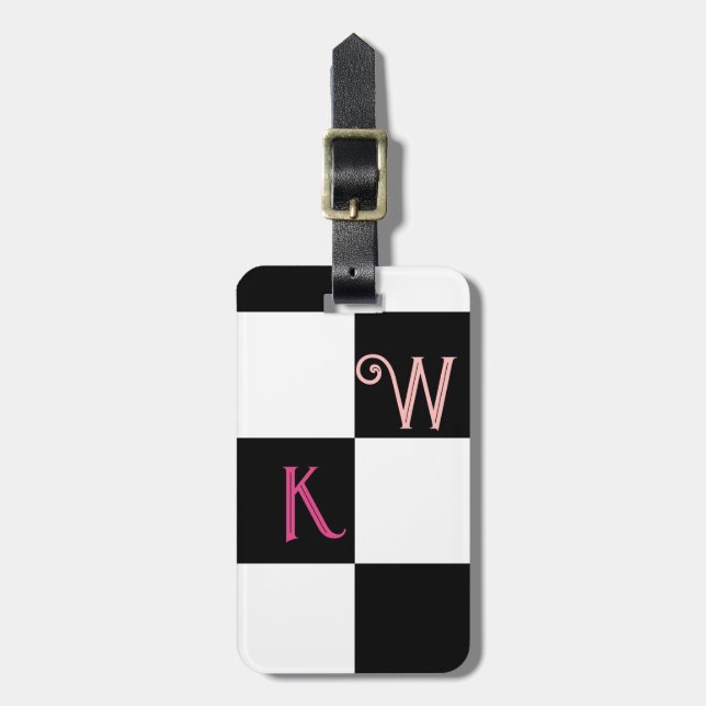 Svartvit check 2 Initialer Monogram Bagagebricka (Vertikal Framsida)