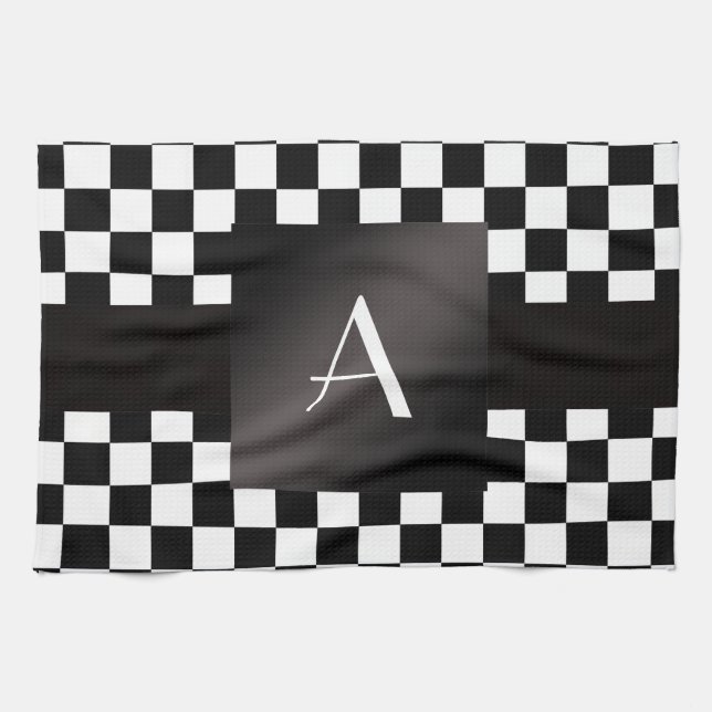 Svartvit checkers för Monogram Kökshandduk (Horisontell)