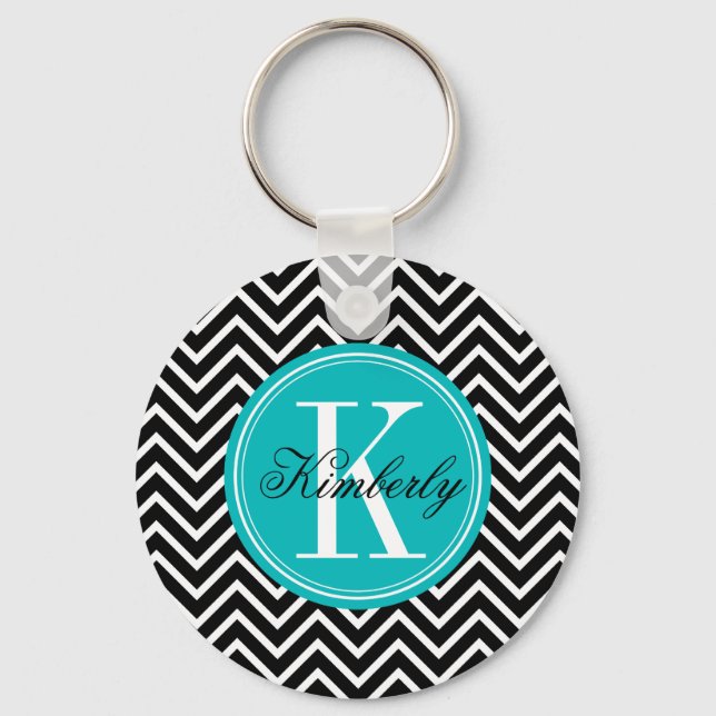 Svartvit Chevron med Teal Monogram Nyckelring (Framsida)