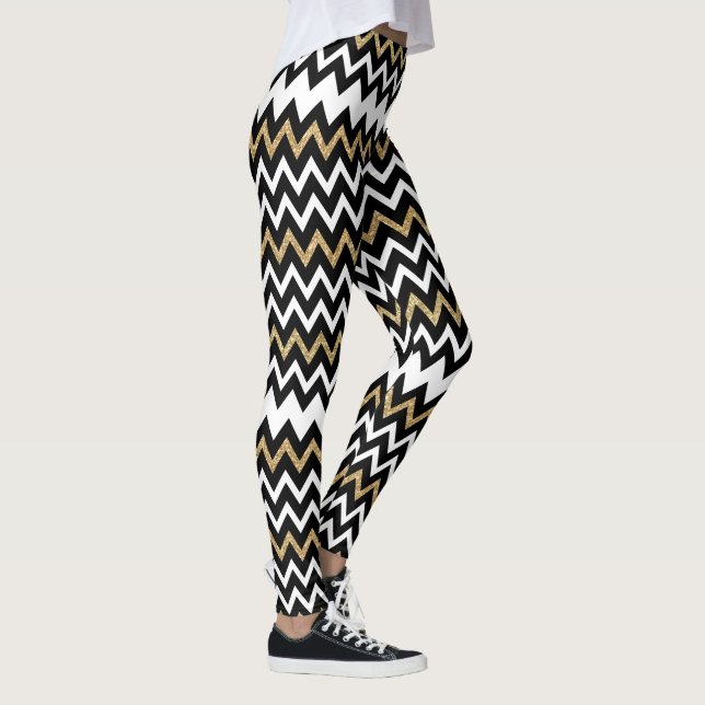 Svartvit Chevron Mönster Guld accent Leggings (Höger)