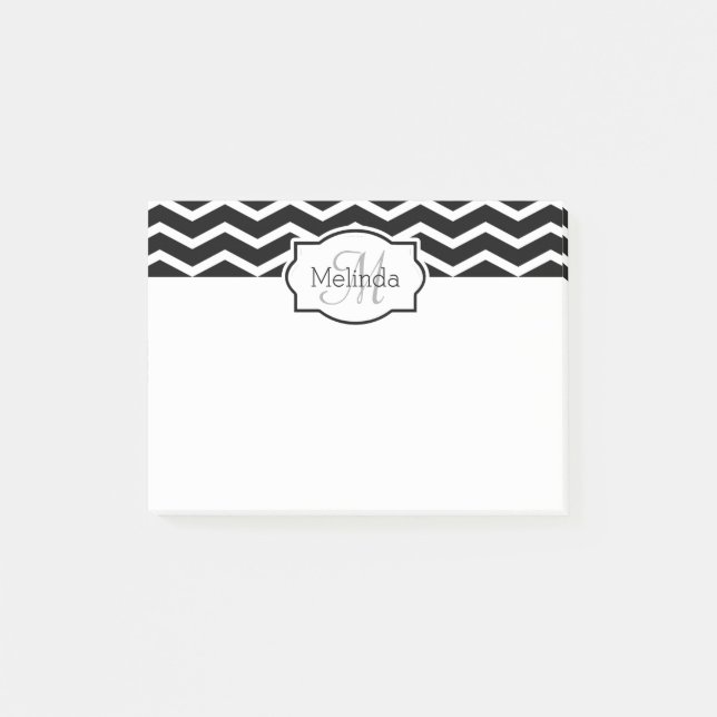 Svartvit Chevron Namn Monogrammed Post-it Block (Framsida)