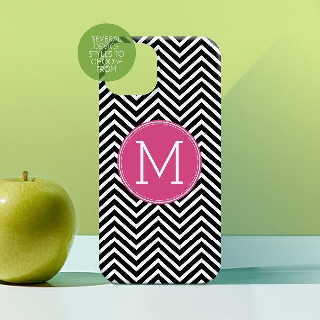 Svartvit Chevrons Anpassningsbar Rosa Monogram (Personalized Phone Case with Custom Text - Choose a Device Style)