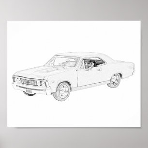 Svartvit Chevy Chevelle teckning 1967 Poster