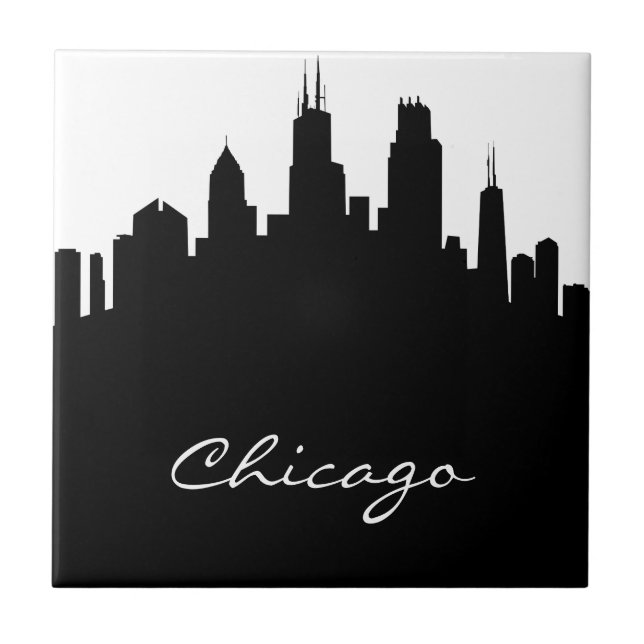 Svartvit Chicago horisont Kakelplatta (Framsidan)