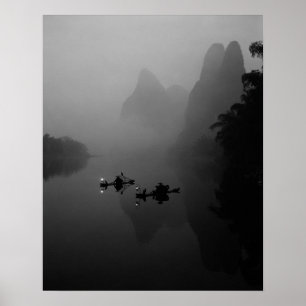 Svartvit, China, Li River, Fiskare på Poster