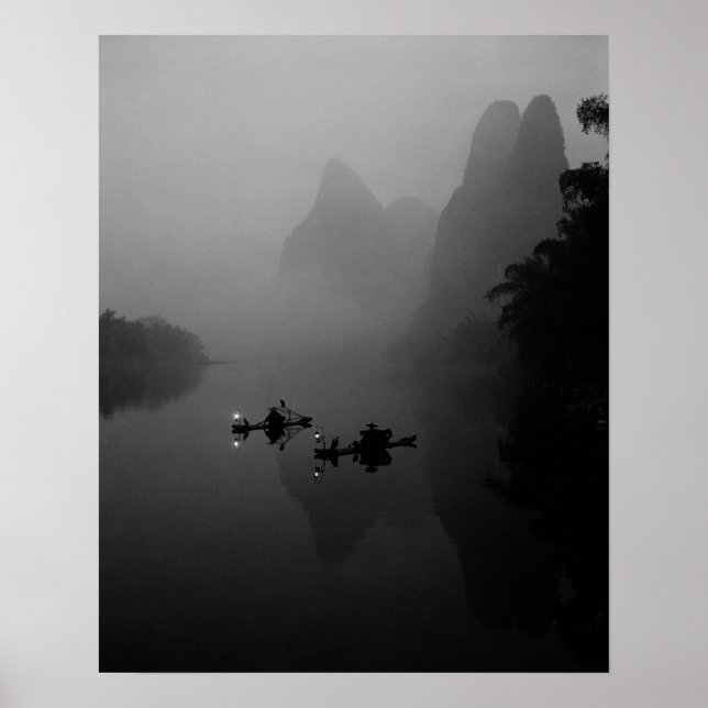 Svartvit, China, Li River, Fiskare på Poster (Framsidan)
