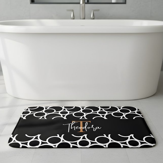 Svartvit cirkel Mönster med Monogram Badrumsmatta (personalized bath mat in black and white)