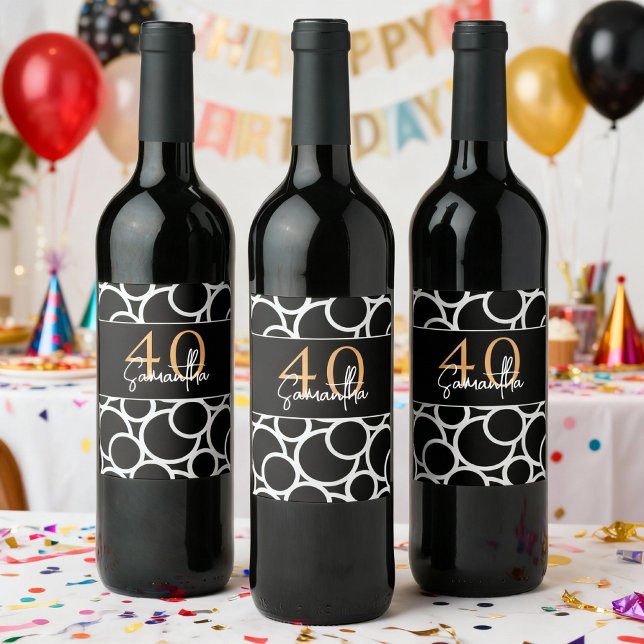 Svartvit cirkel Mönster med Namn och år Vinflaska Etikett (bottle lable for birthdays)