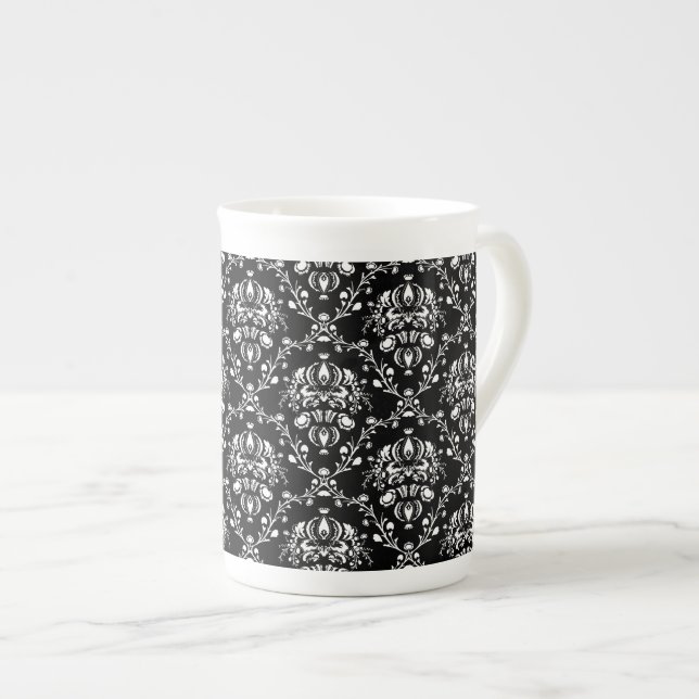 Svartvit Damask Benporslin Mugg (Framsida höger)