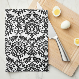 Svartvit Damask Hare Mönster Kökshandduk
