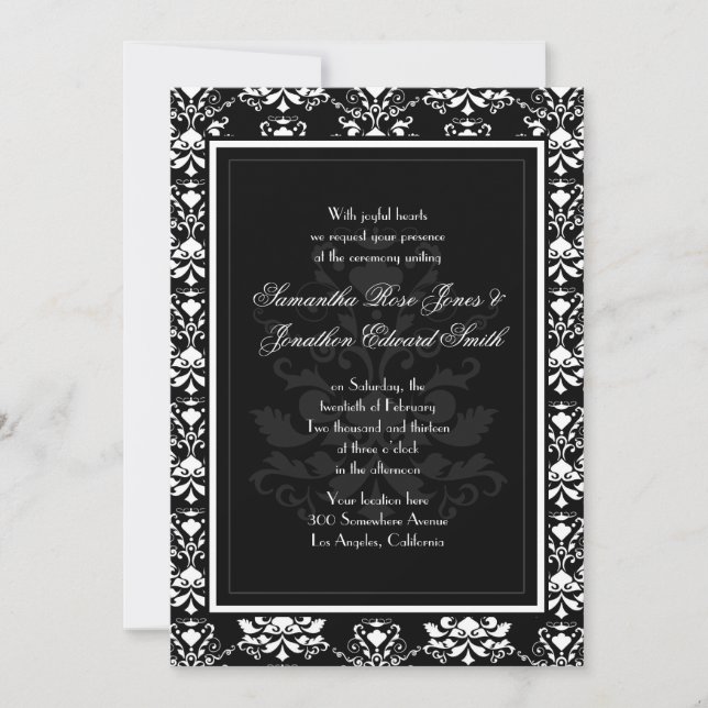 Svartvit Damask-inbjudan Elegant bröllop Inbjudningar (Framsida)