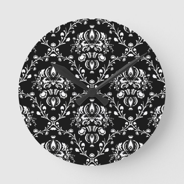 Svartvit Damask Rund Klocka (Framsida)
