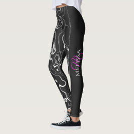 Svartvit damaskus abstrakt mönster Monogram Leggings
