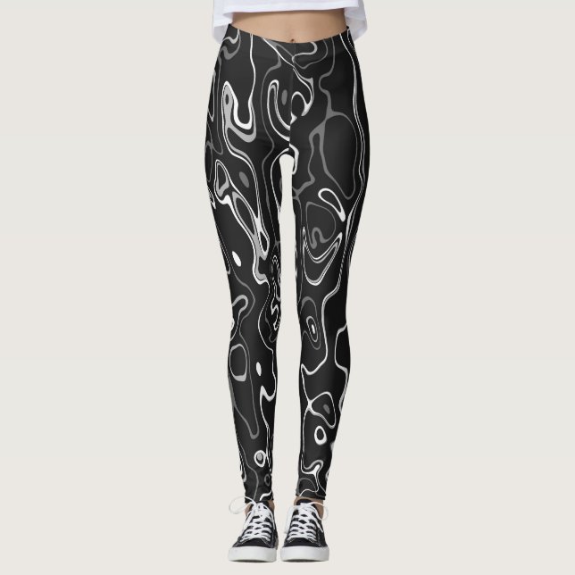 Svartvit damaskus abstrakt snurrar coola mönster leggings (Framsida)