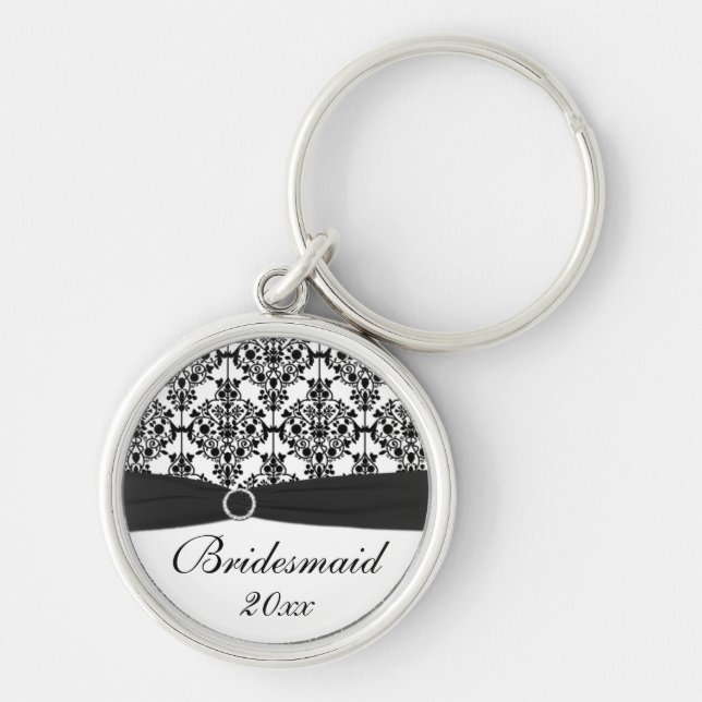 Svartvit damastast brudtärna Keychain Rund Silverfärgad Nyckelring (Framsidan)