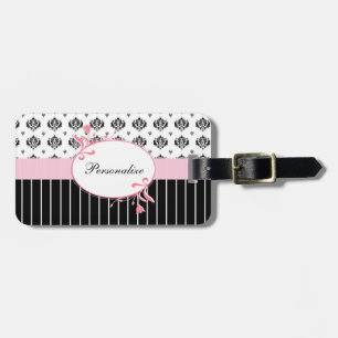 Svartvit damastast chic rosa blommigt med namn bagagebricka
