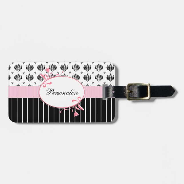 Svartvit damastast chic rosa blommigt med namn bagagebricka (Horisontell Framsida)