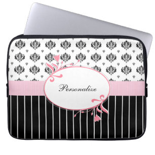 Svartvit damastast chic rosa blommigt med namn laptop sleeve