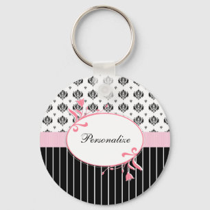 Svartvit damastast chic rosa blommigt med namn nyckelring
