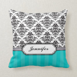 Svartvit damastast dekorativ kudde - turkos
