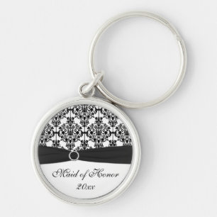Svartvit damastast maid of honor Keychain Rund Silverfärgad Nyckelring