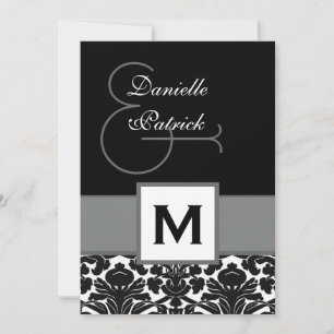 Svartvit DAMASTAST Monogrammall V18 Inbjudningar
