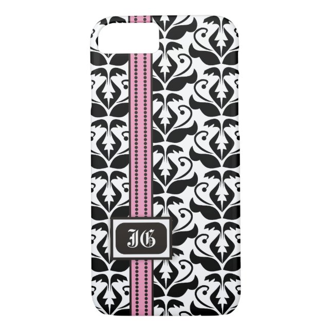 Svartvit damm, rosa band med monogram Case-Mate iPhone skal (Baksida)