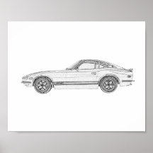 Svartvit Datsun 240Z Nissan S30 Teckning