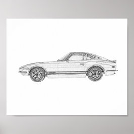 Svartvit Datsun 240Z Nissan S30 Teckning Poster