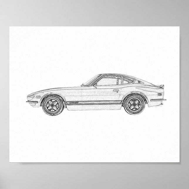 Svartvit Datsun 240Z Nissan S30 Teckning Poster (Framsidan)
