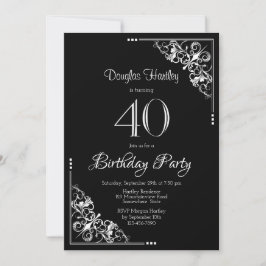 Svartvit dekorativ Gräns 40:e födelsedag Inbjudningar
