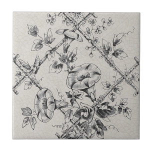 Svartvit delikat Blommigt Bamboo Trellis Repro Kakelplatta