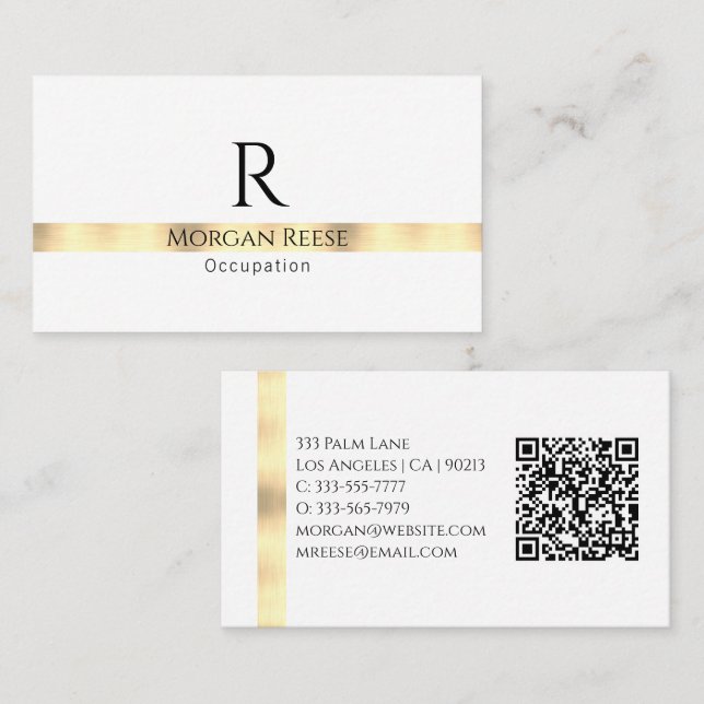 Svartvit design i Guld, QR-kod, Namn och Monogram Visitkort (Fram/baksida)