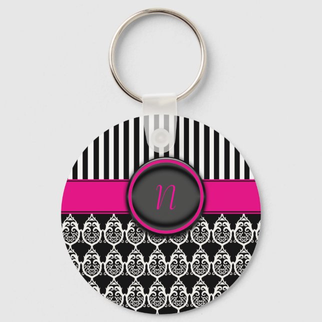 Svartvit design med anpassade monogram nyckelring (Framsida)