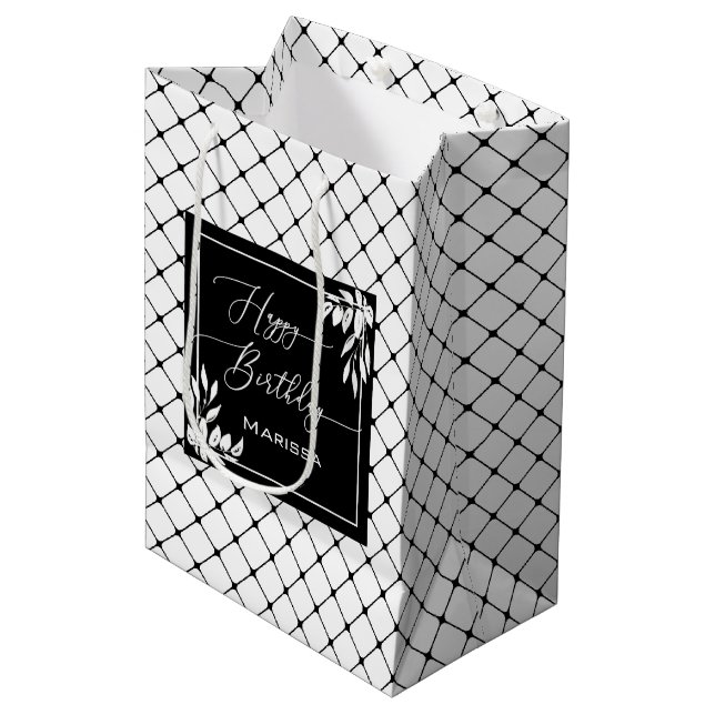 Svartvit Diamond Mönster Botaniska födelsedag (Framsidan Vinklad)