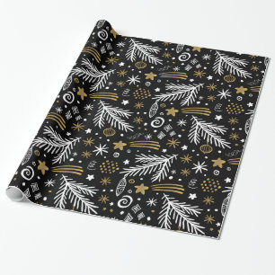 Svartvit doodle Guld GRÄS och stjärnorna CHRISTM Presentpapper