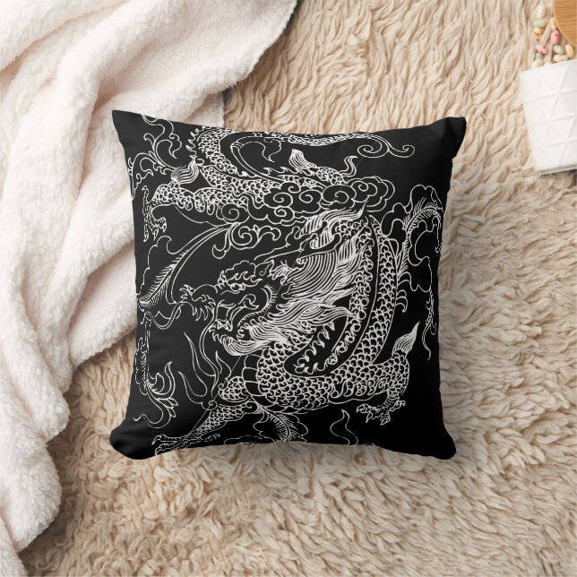 Svartvit dragon kudde (Filt)