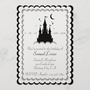 Svartvit Dream Castle i Clouds födelsedag Inbjudningar