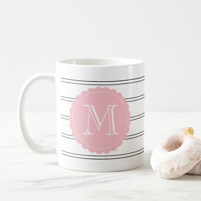 Svartvit Dubbla Rand  Rosa Monogram Kaffemugg (Med munk)