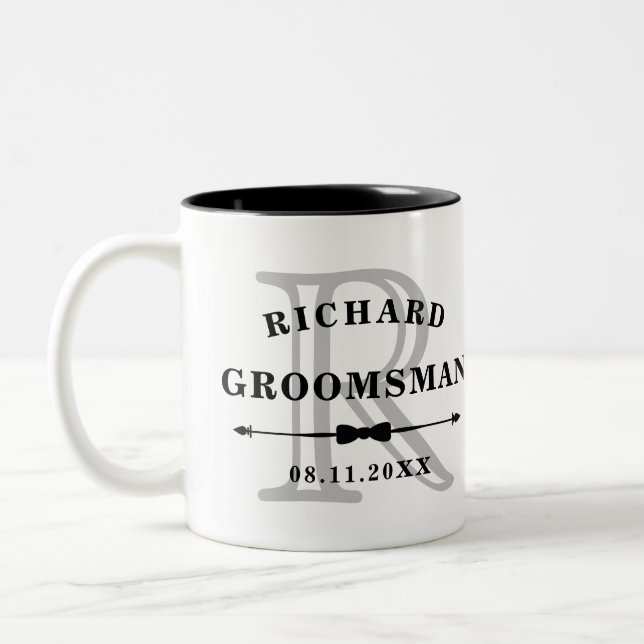Svartvit duk Monogram Groomsman Bröllop Två-Tonad Mugg (Vänster)