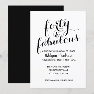 Svartvit Elegant 40 & Fabulous Birthday Inbjudningar