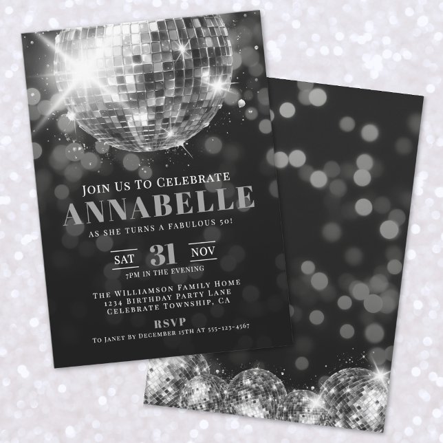Svartvit elegant, 50:e Födelsedagsfesten Inbjudningar (Elegant Black White 50th Birthday Party Invitation)