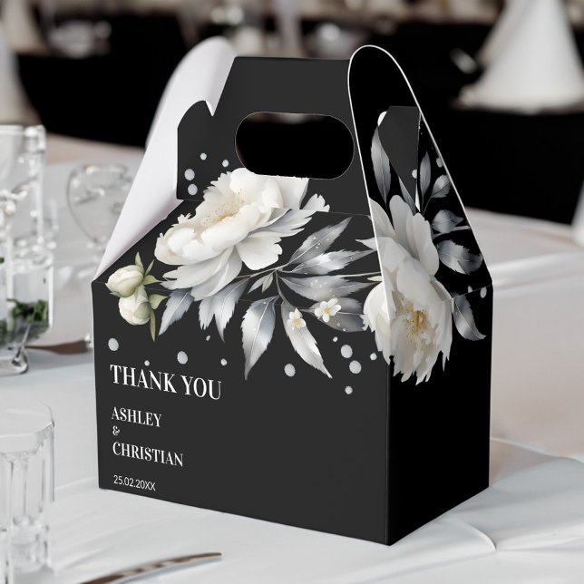 Svartvit elegant boho bröllop presentaskar (Black and white elegant boho white peonies wedding favor box personalized favor boxes black)