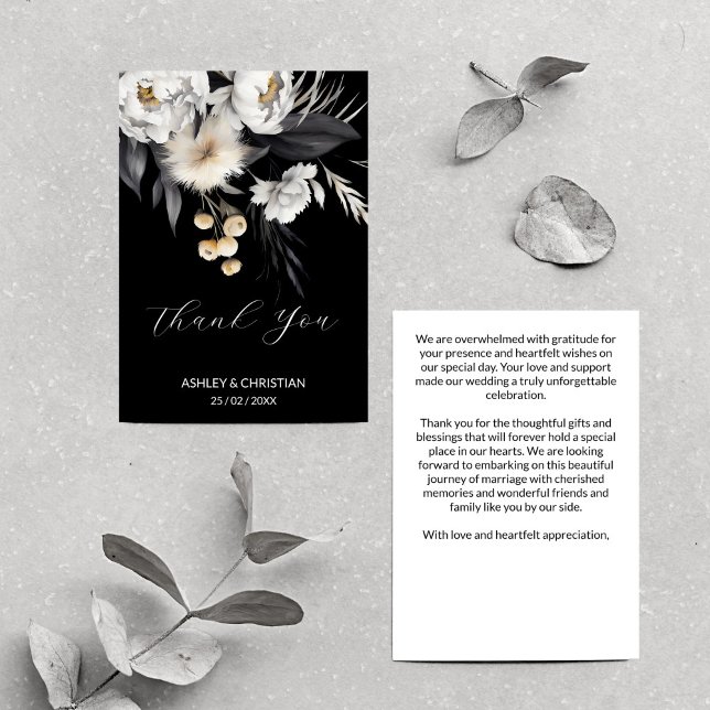 Svartvit elegant boho bröllop tack kort (Black and white elegant boho wedding thank you card white peonies dry pampas grass flowers black)