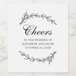 Svartvit elegant botaniskt blad/barr bröllop vinflaska etikett